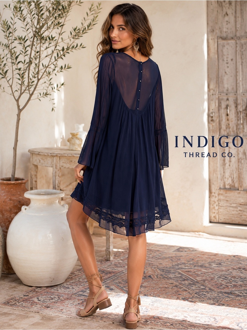 INDIGO THREAD Co., Navy Blue, Flowy, Layered,Long Sleeve, Excellent Con.,Size M